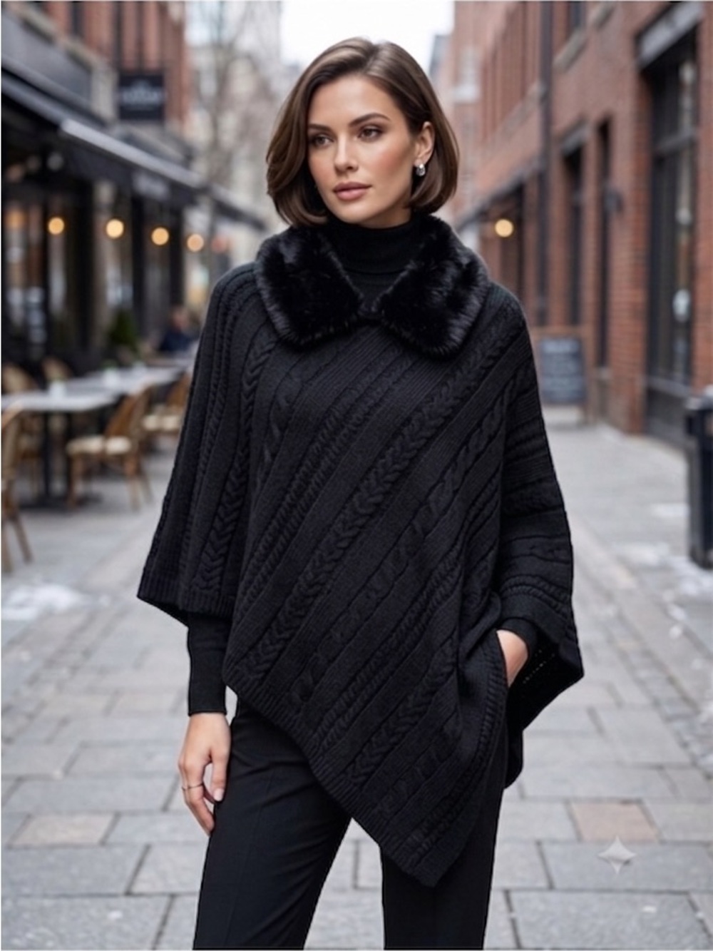 New York & Company Black Cable Knit Poncho with Faux Fur Collar